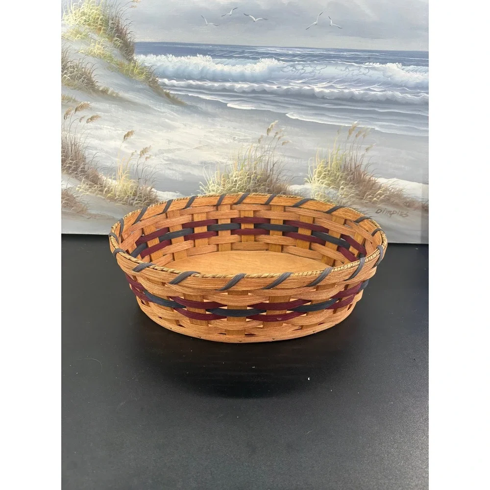 Handmade Jacob & Sarah Yoder Woven Splint Basket Oval Wood Base Blue Burgundy